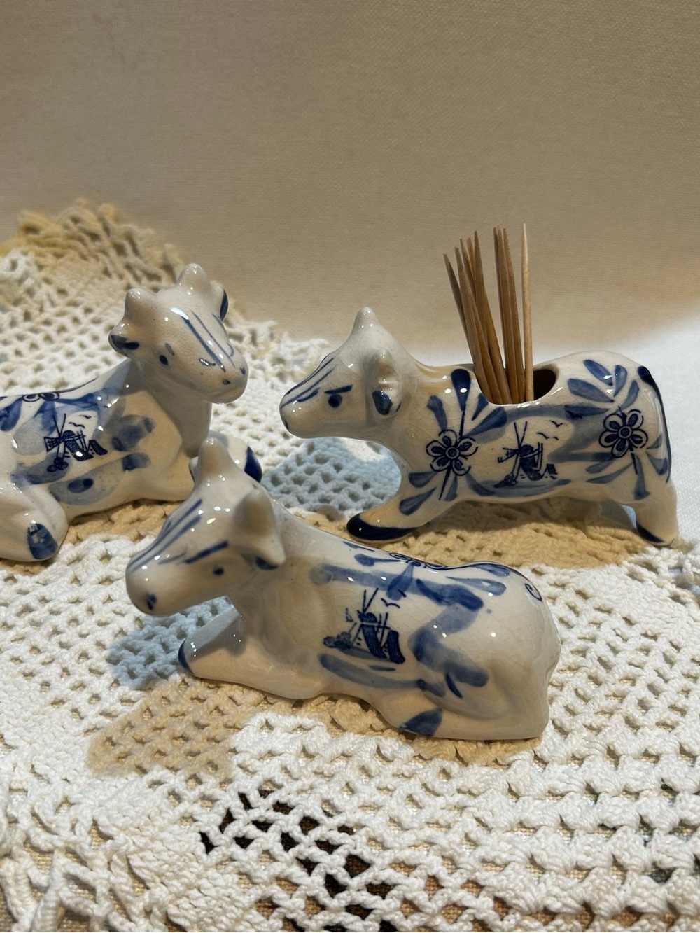 Blue & White Ceramic Cow Toothpick Holders (Set of 3)